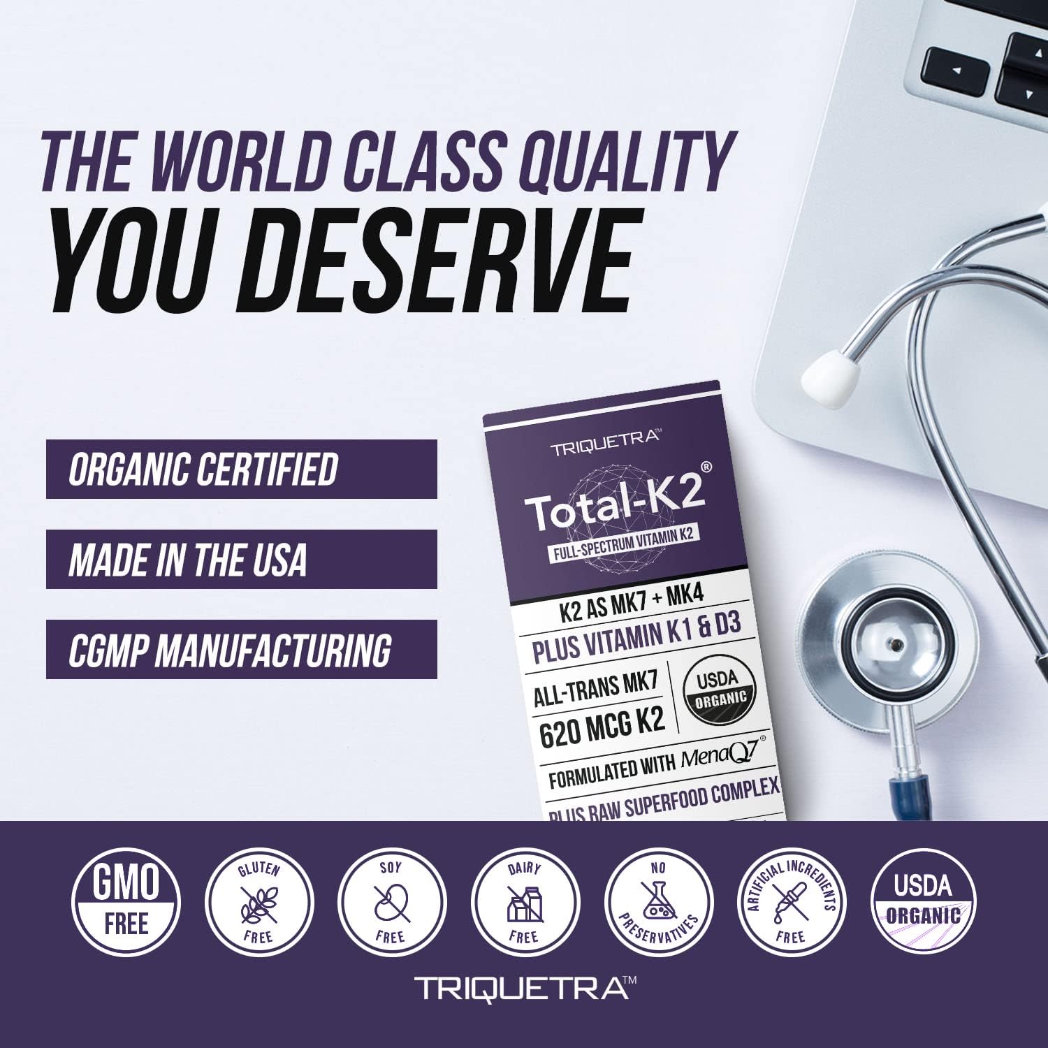 Total K2® | Vitamin K2 as MK7 & MK4 | Plus K1 & Vitamin D3 Cofactor - 620 mcg K2 per Serving - All-Trans MK7 from MenaQ7® - Full-Spectrum Vitamin K - Vegan, Organic Certified (60 Capsules) - görsel 8