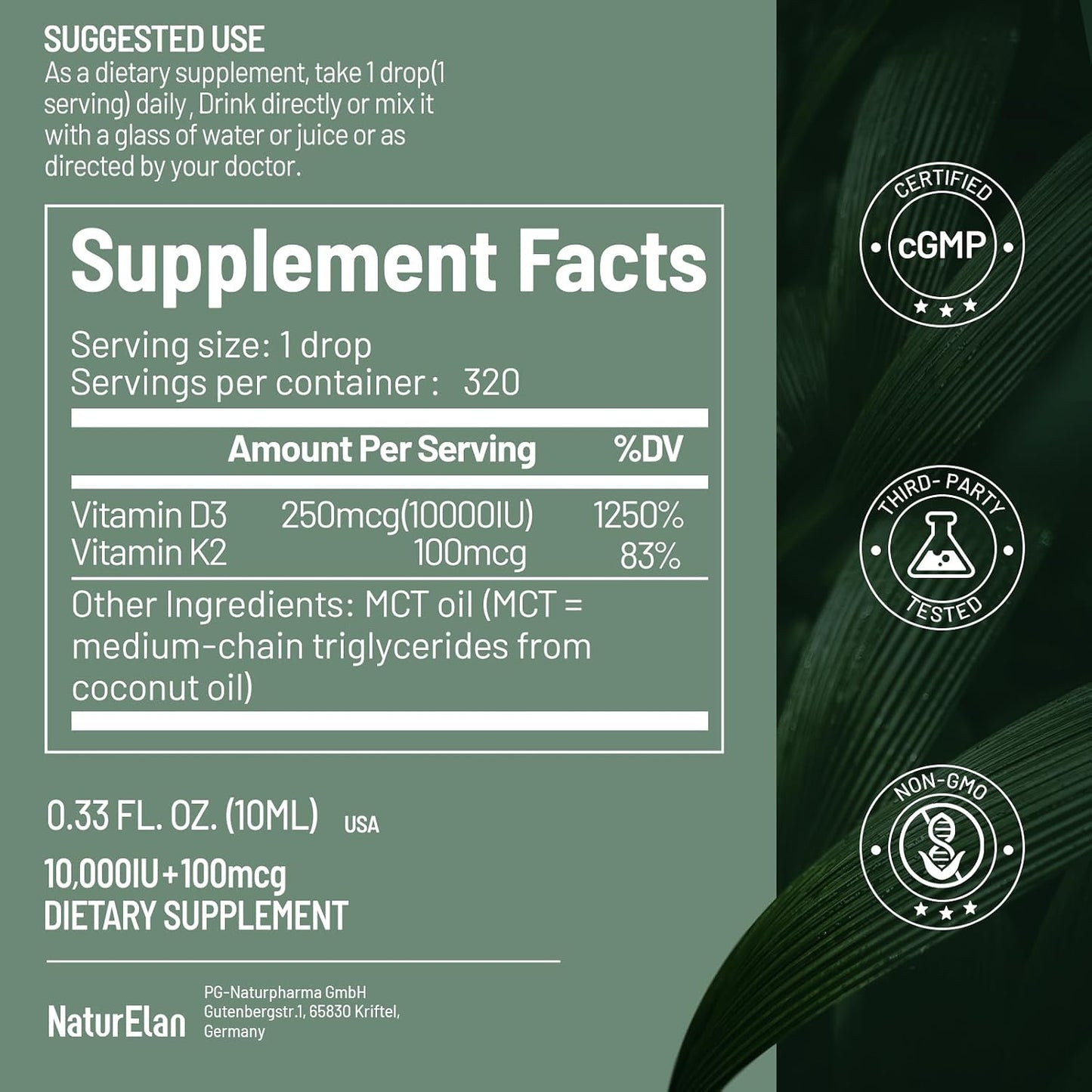 Organic Vitamin D3 K2 Drops with MCT Oil - 10,000 IU D3 + 100 mcg K2 (MK-7) - 320 Servings - görsel 6