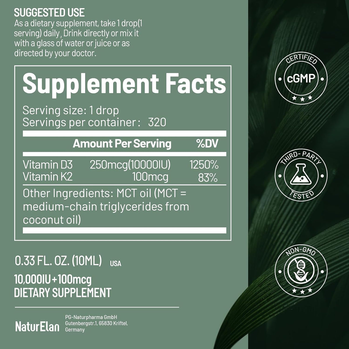 Organic Vitamin D3 K2 Drops with MCT Oil - 10,000 IU D3 + 100 mcg K2 (MK-7) - 320 Servings - görsel 6