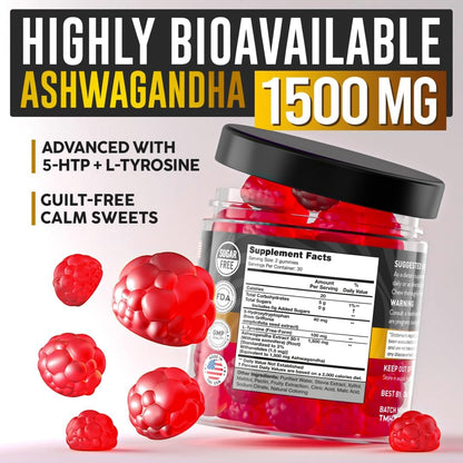 Ashwagandha Gummies for Women and Men - Sugar Free Natural Root Extract 1500mg with 5-HTP & L-Tyrosine, 60 Gummies