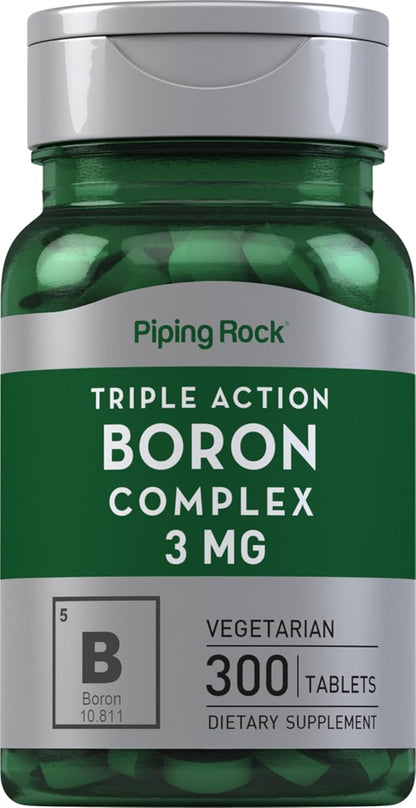 Piping Rock Boron Supplement for Men and Women | 3mg | 300 Tablets | Triple Complex | as Glycinate, Aspartate, Citrate | Vegetarian, Non-GMO, Gluten-free