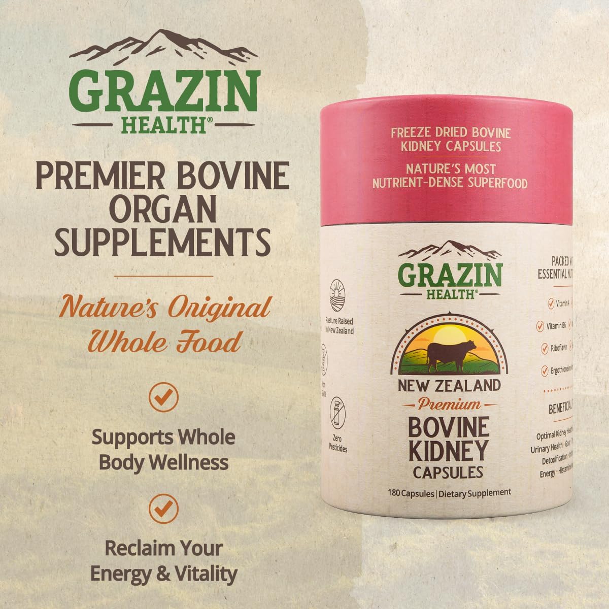 Grass-fed Bovine Kidney Capsules – 3000mg, Whole Food, New Zealand - görsel 2