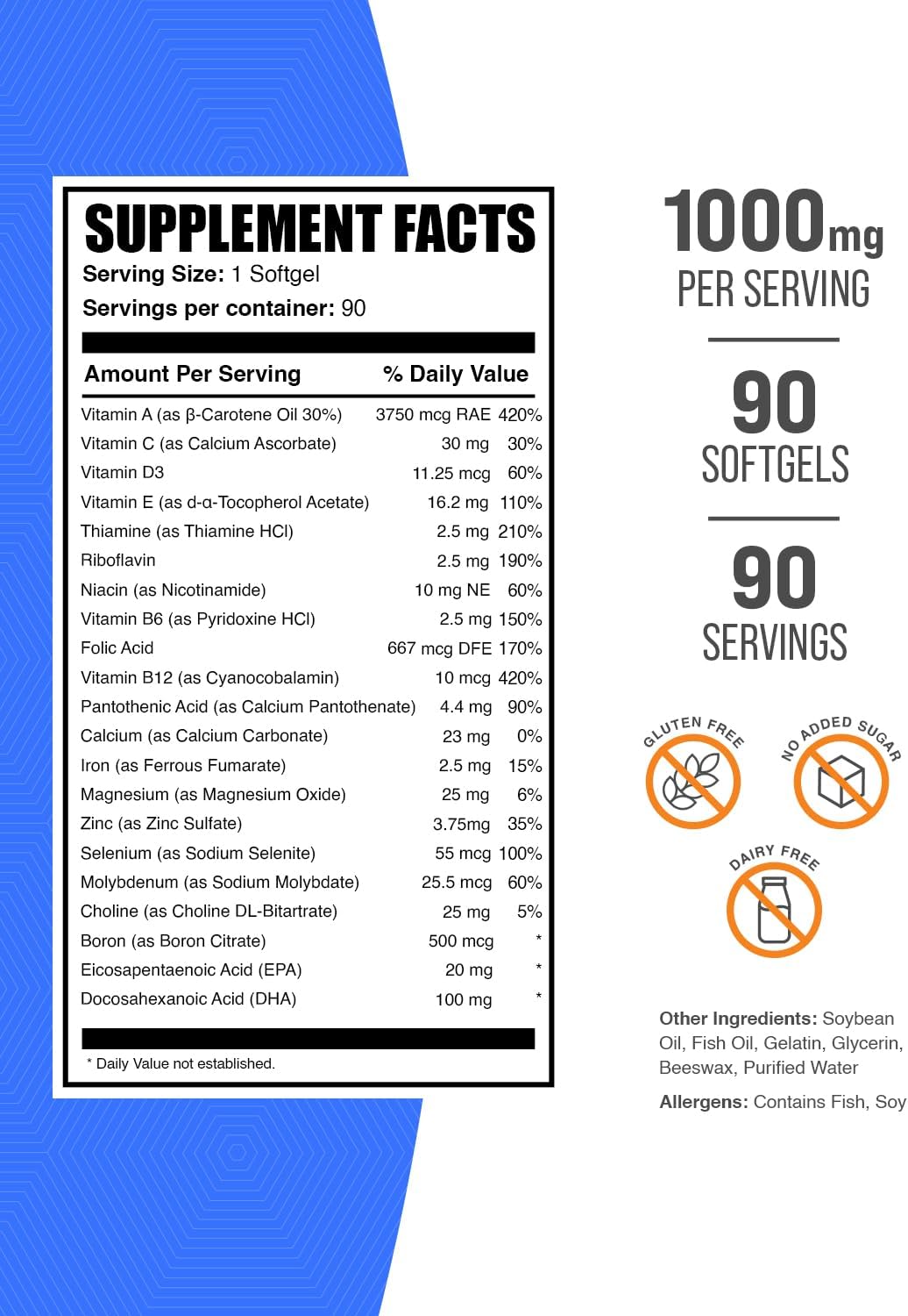 BulkSupplements.com Multivitamin for Men Capsules - Daily Multivitamin with Fish Oil, Gluten-free, 90 Capsules - görsel 2
