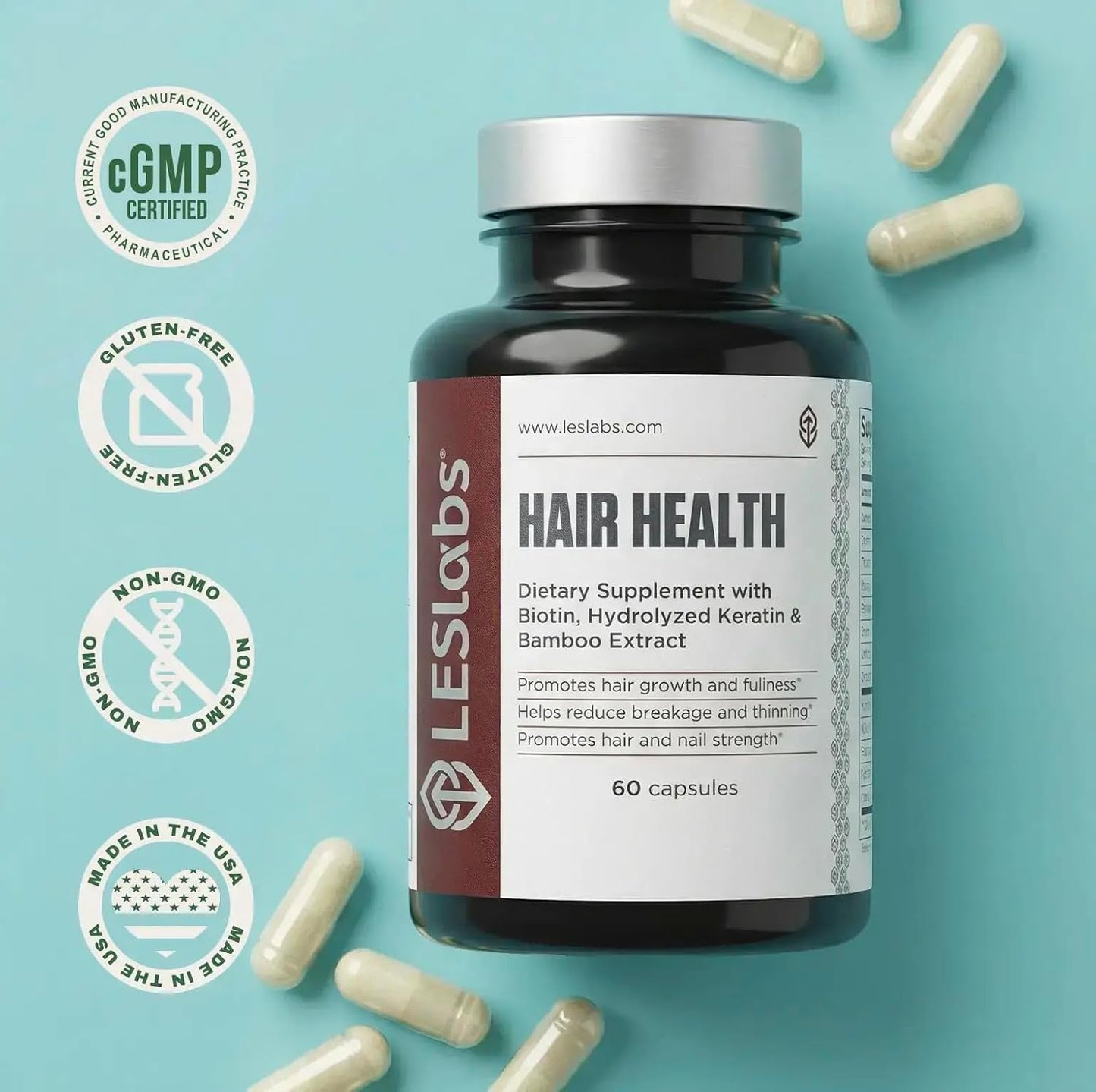 LES Labs Hair Health – Hair Growth & Nail Supplement with Keratin, Biotin, Pumpkin Seed & MSM – 60 Capsules - görsel 4