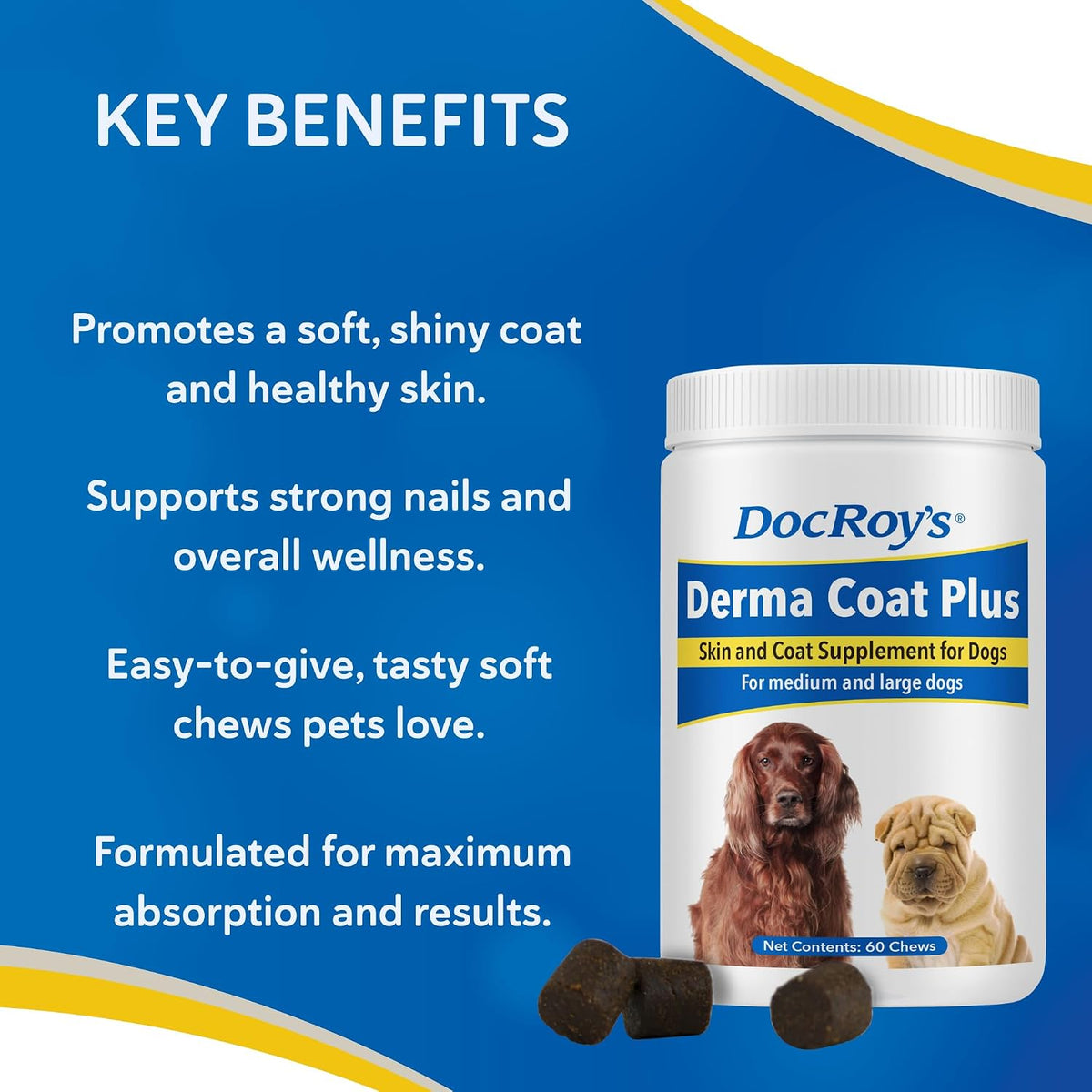Doc Roy’s Derma Coat Plus Dog Supplement, Supports Healthy Skin, Coat & Nails, with Omega-3-6-9 Fatty Acids, Biotin & Antioxidants, 60 Chews for Medium and Large Dogs - görsel 5