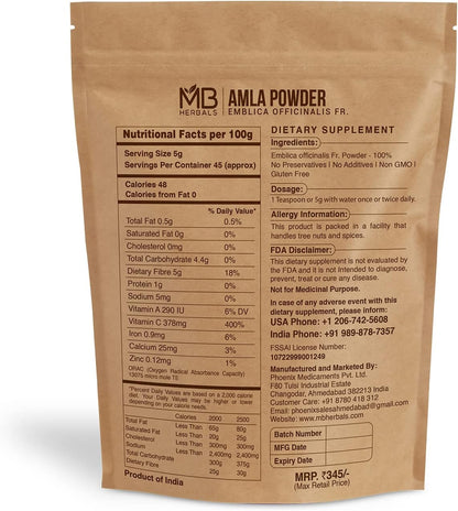 MB Herbals De-Seeded Amla Powder – 227g | Pure Amalaki from Amla Berry Pulp | Seed-Free & Natural