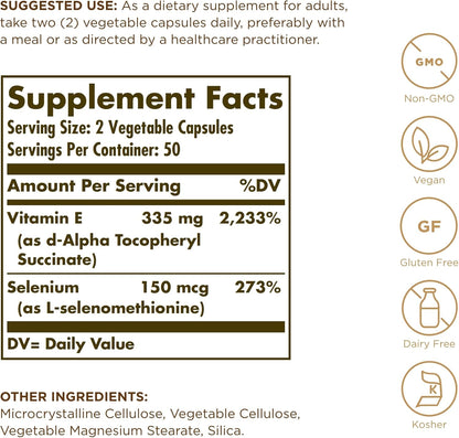 Solgar Dry Vitamin E with Yeast-Free Selenium – 100 Vegetable Capsules – Antioxidant Support