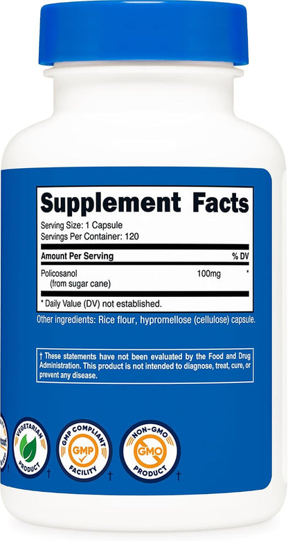 Nutricost Policosanol 100mg, 120 Capsules - Gluten-free, Non-GM, and Vegetarian Friendly