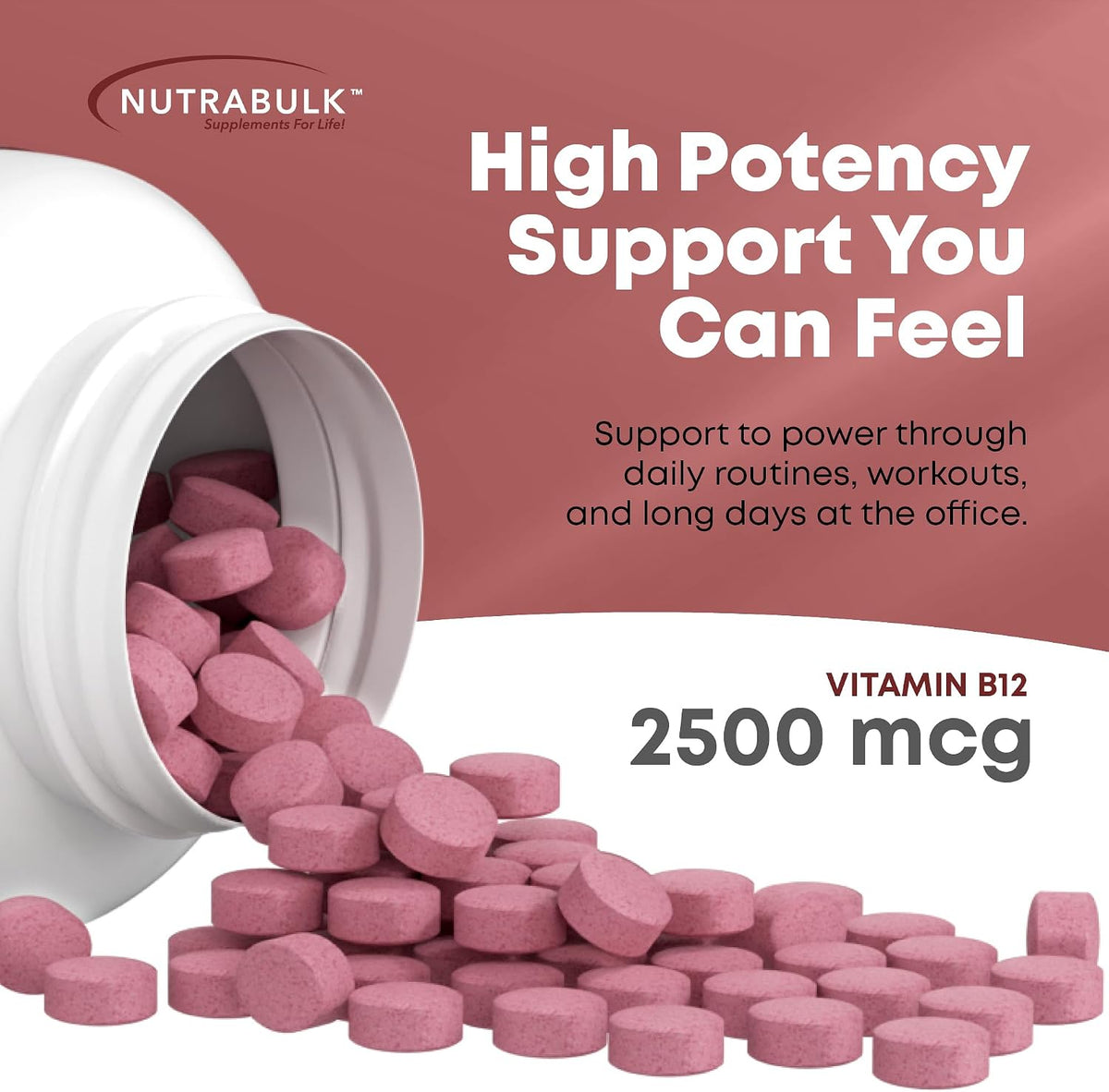 NutraBulk Vitamin B12 2500 mcg Quick Dissolve Lozenges - Cherry Flavoured B-12 Sublingual - B12 Vitamins Supplement (as Cyanocobalamin) for Energy Support & Red Blood Cell Formation - Made in USA (250 Count) - görsel 4