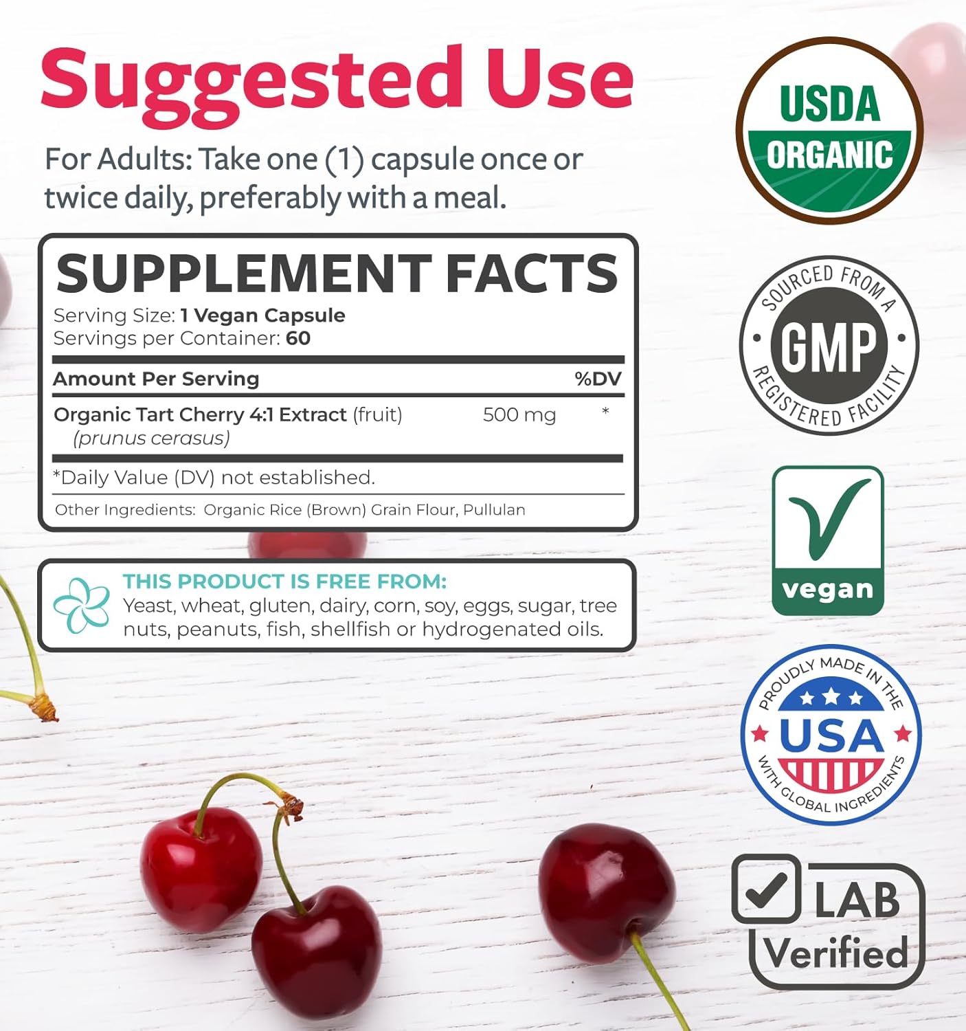 Organic Tart Cherry Capsules - High Strength 500mg 4:1 Extract (60 Capsules) - görsel 3