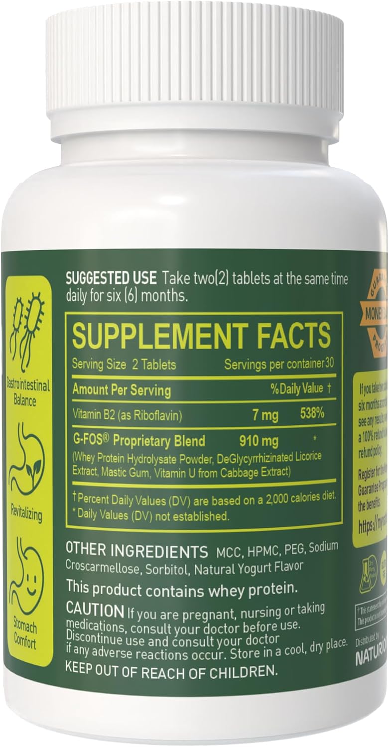 NATURION Digestive Comfort Support - Stomach Health Supplement with G-FOS Blend, Whey Protein, Liquorice, Mastic Gum, Vitamin U, and Vitamin B2 - Gut Balance & Comfort - 60 Tablets, 30 Day Supply - görsel 2
