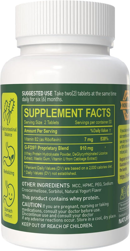 NATURION Digestive Comfort Support - Stomach Health Supplement with G-FOS Blend, Whey Protein, Liquorice, Mastic Gum, Vitamin U, and Vitamin B2 - Gut Balance & Comfort - 60 Tablets, 30 Day Supply