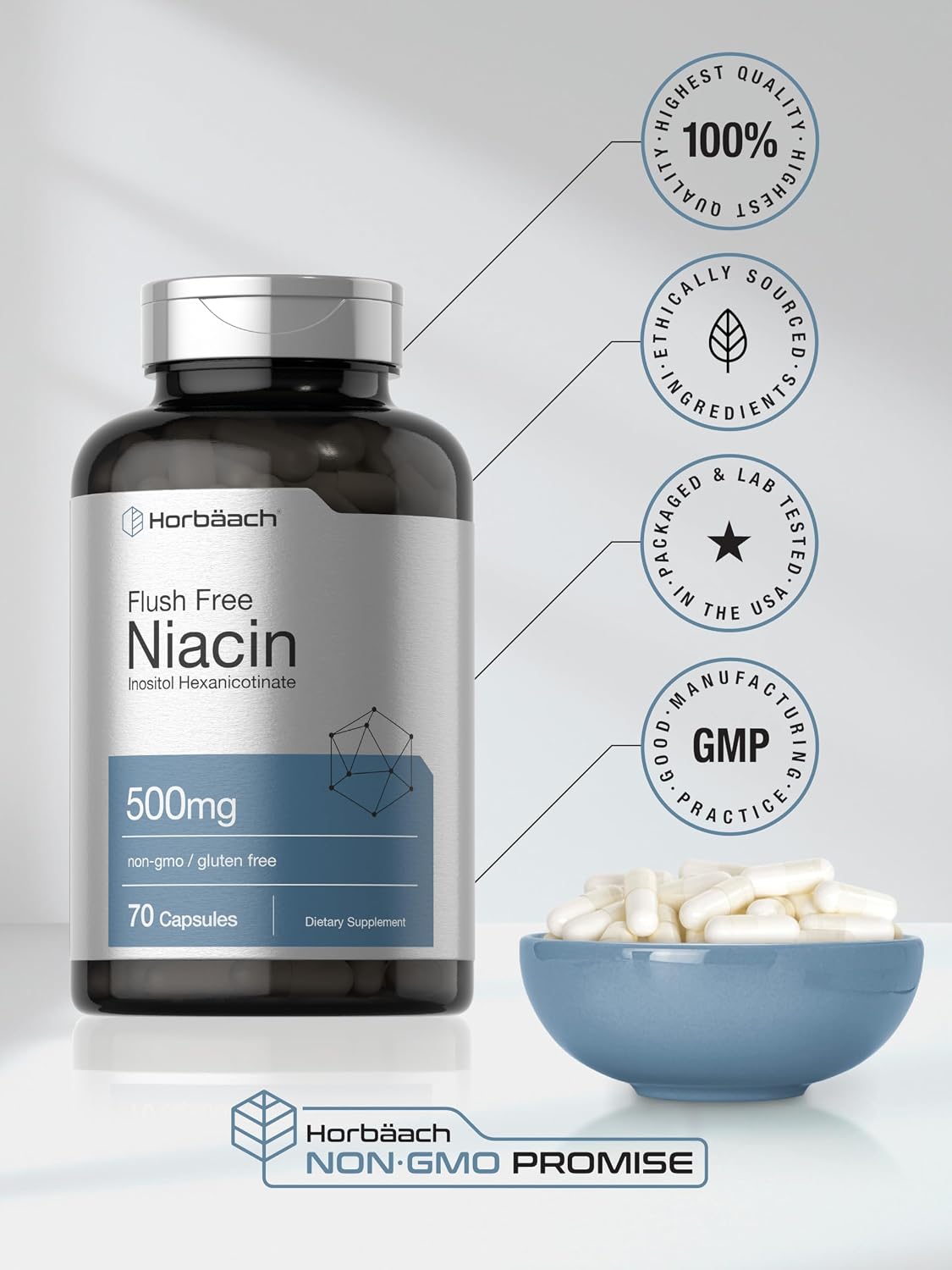 Horbaach Niacin 500mg Flush Free | 70 Capsules | Vitamin B3 Inositol Hexanicotinate | Non-GM and Gluten-free - görsel 6