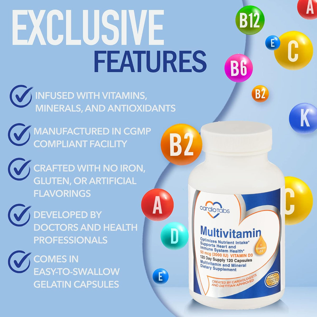 CardioTabs Multivitamin for Men & Women – Heart and Immune System Support with Vitamins A, C, D3, E, K, B-Complex, Minerals, CoQ10, Lutein, Lycopene – 120 Capsules - görsel 2