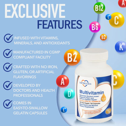 CardioTabs Multivitamin for Men & Women – Heart and Immune System Support with Vitamins A, C, D3, E, K, B-Complex, Minerals, CoQ10, Lutein, Lycopene – 120 Capsules