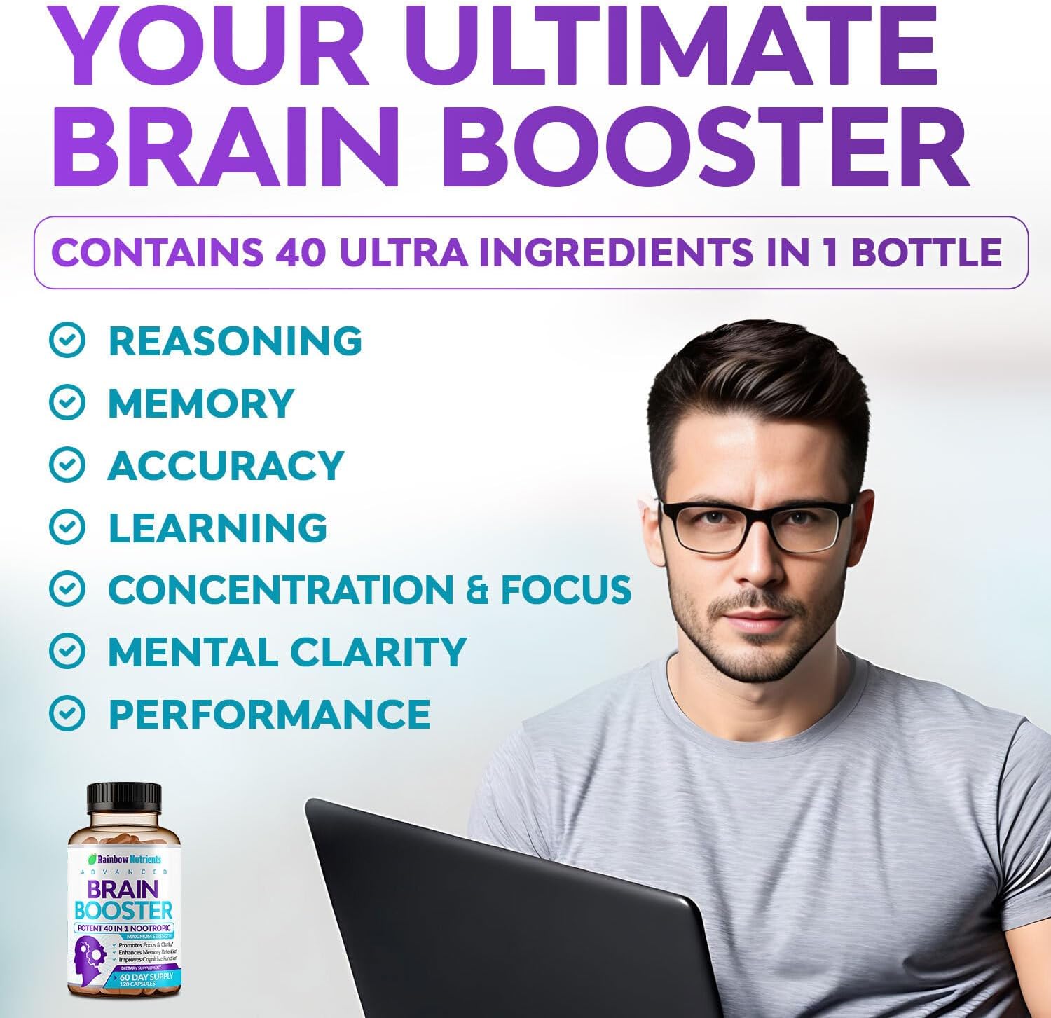 40-in-1 Brain Booster Supplements for Memory, Focus, Clarity, Energy, Performance | Natural Nootropic Brain Support Supplement with DMAE, Bacopa Monnieri & More | For Men & Women | 120 Veggie Capsules - görsel 2