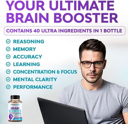 40-in-1 Brain Booster Supplements for Memory, Focus, Clarity, Energy, Performance | Natural Nootropic Brain Support Supplement with DMAE, Bacopa Monnieri & More | For Men & Women | 120 Veggie Capsules
