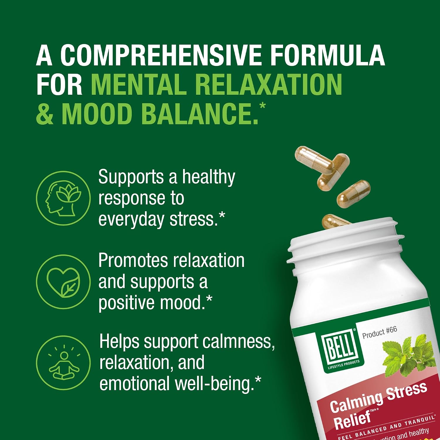 Bell Lifestyle Calming Stress Relief Herbal Blend with 5-HTP & GABA, 60 Vegan Capsules - görsel 3