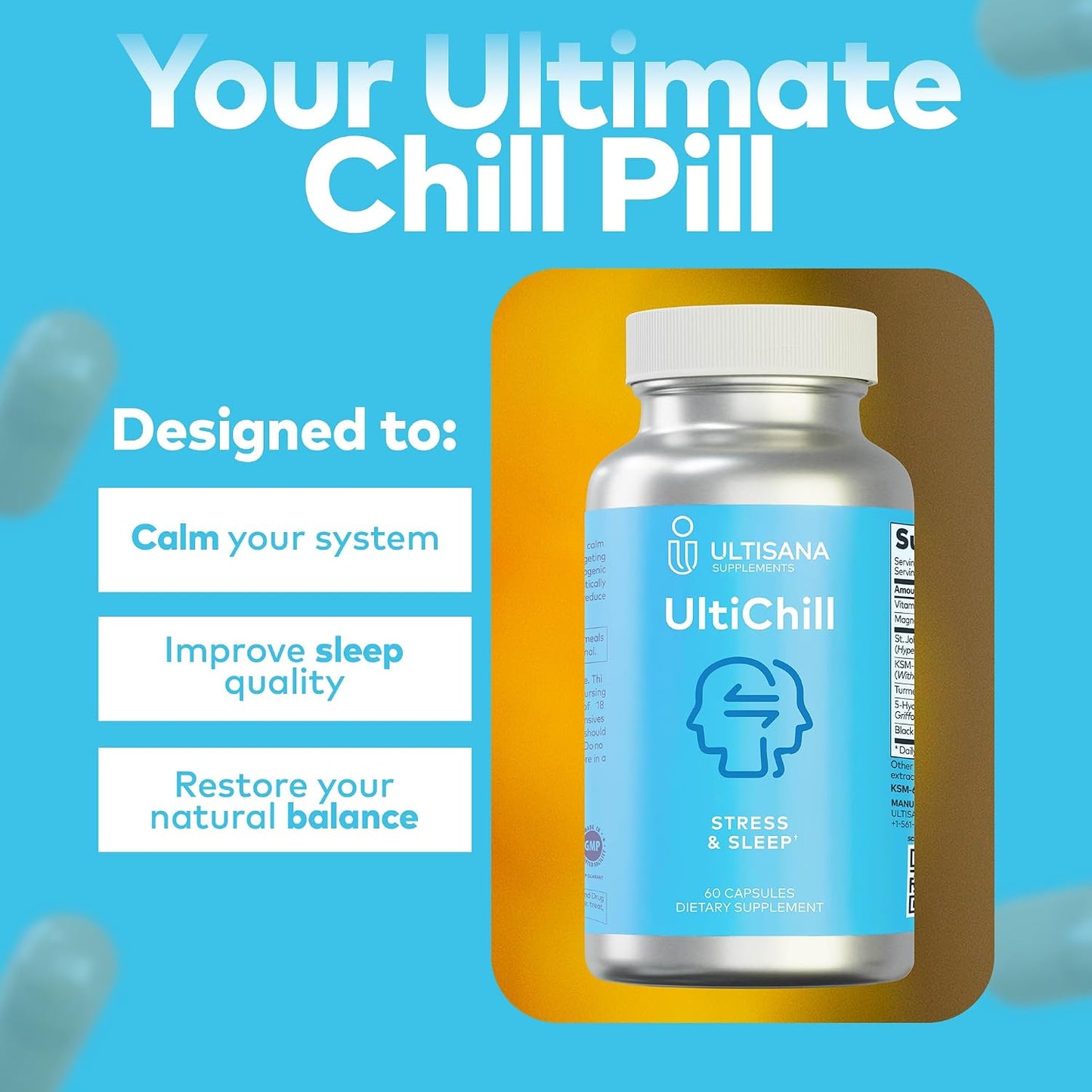 UltiChill Stress Relief Supplement – Supports Calmness, Relaxation & Mood with Magnesium Glycinate, Vitamin B6, KSM-66 Ashwagandha, Turmeric & 5-HTP, 60 Capsules - görsel 5