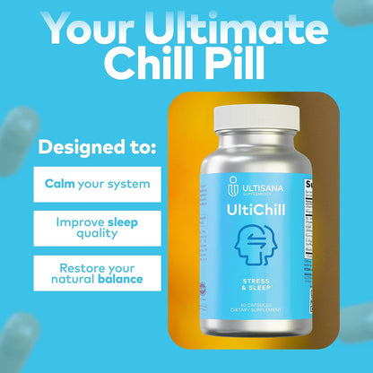 UltiChill Stress Relief Supplement – Supports Calmness, Relaxation & Mood with Magnesium Glycinate, Vitamin B6, KSM-66 Ashwagandha, Turmeric & 5-HTP, 60 Capsules