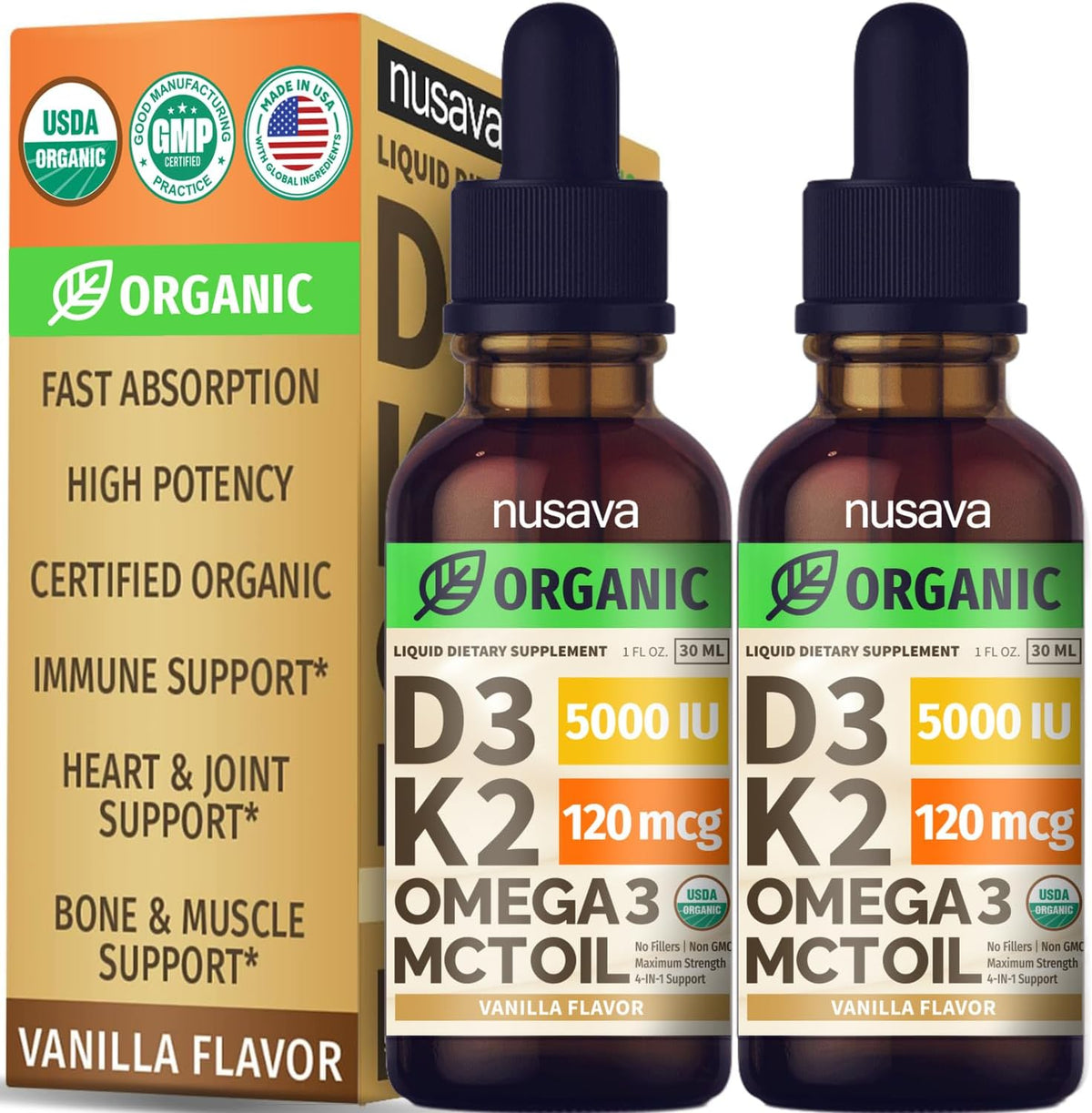 (Pack of 2) Organic Vitamin D3 K2 Drops with MCT Oil & Omega-3 – Liquid Vitamin D3 5000 IU – K2 D3 Supplement – Non-GMO, GMP, Vanilla (60 ml) - görsel 1