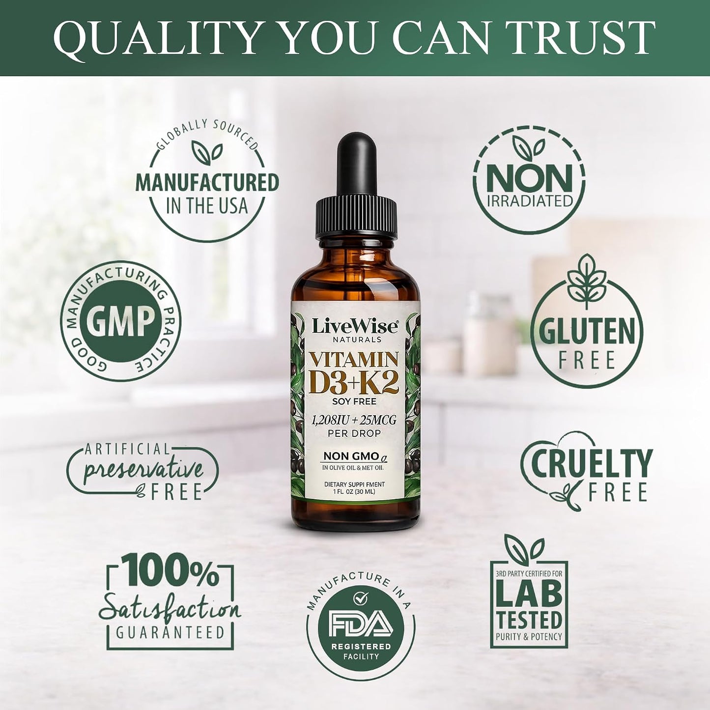 Live Wise Naturals Vitamin D3 & K2 Drops, 1208 IU D3 with 25 mcg K2 (MK-7), 930 Drops - görsel 7