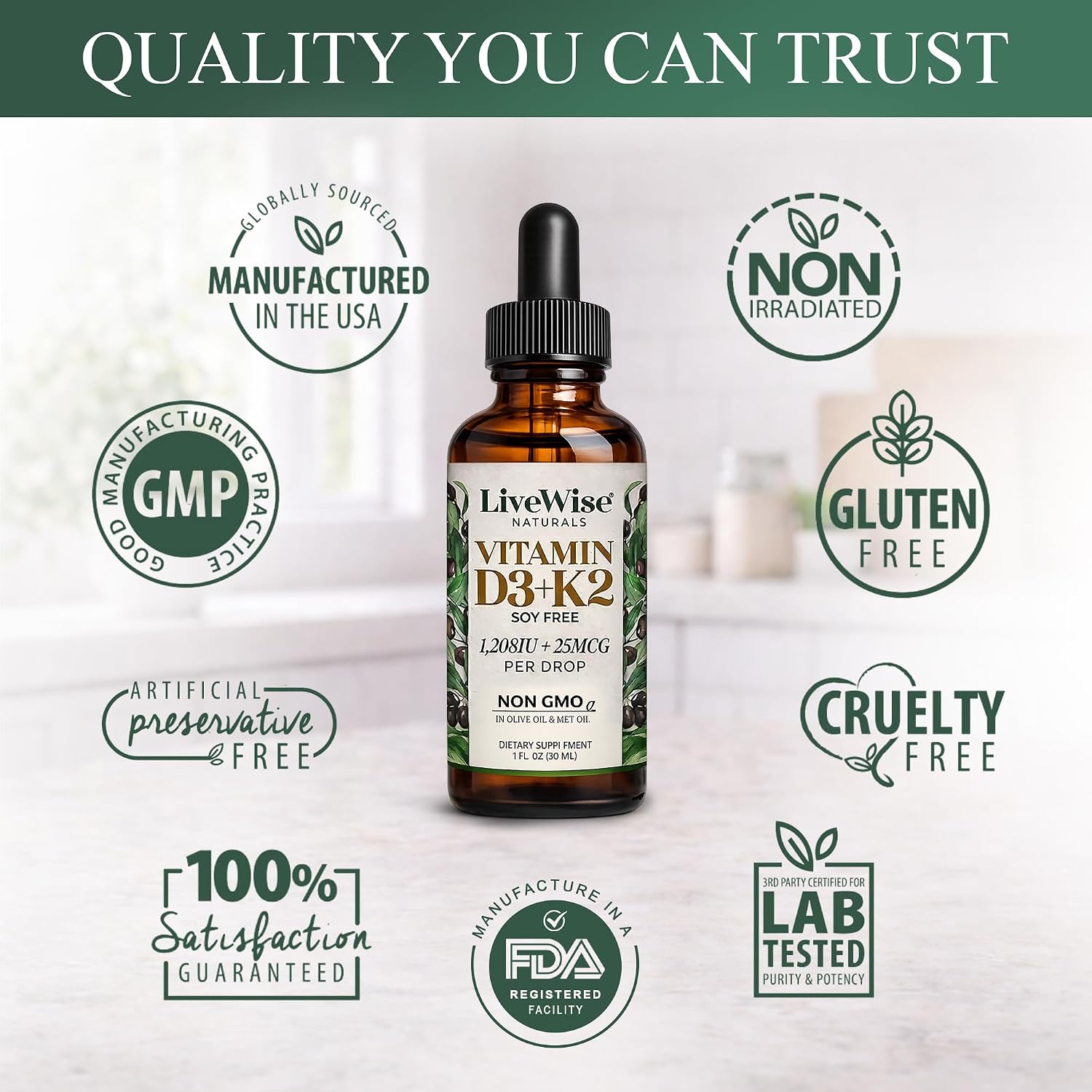 Live Wise Naturals Vitamin D3 & K2 Drops, 1208 IU D3 with 25 mcg K2 (MK-7), 930 Drops - görsel 7