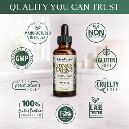 Live Wise Naturals Vitamin D3 & K2 Drops, 1208 IU D3 with 25 mcg K2 (MK-7), 930 Drops