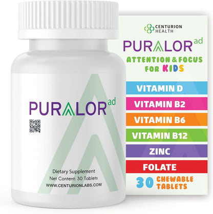 Centurion Premium Puralor AD, Cognitive and Focus Supplement for Children with Saffron, Folate, Vitamin C, D and Zinc, 30 Chewable Tablets