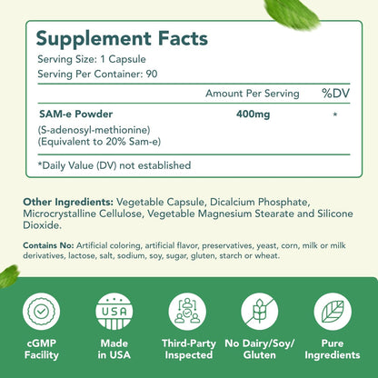 HealthyWayRx SAM-e 400mg Capsules - S-Adenosylmethionine Supplement for Brain, Liver and Mood Support (90 Count)