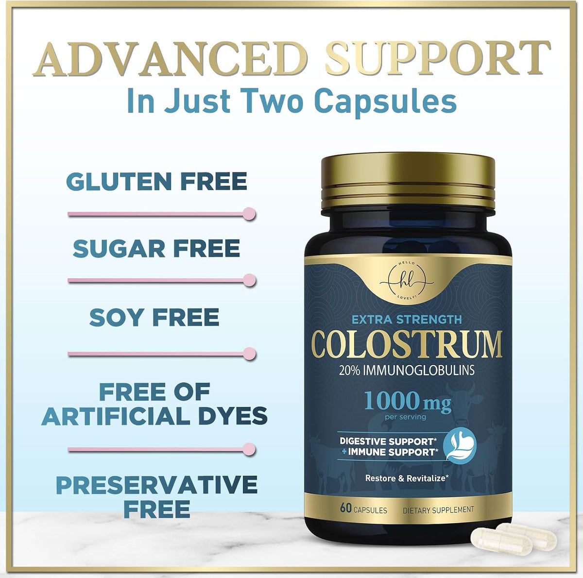Hello Lovely! Bovine Colostrum Supplement - 1000mg, 20% Immunoglobulins - 60 Capsules - görsel 7