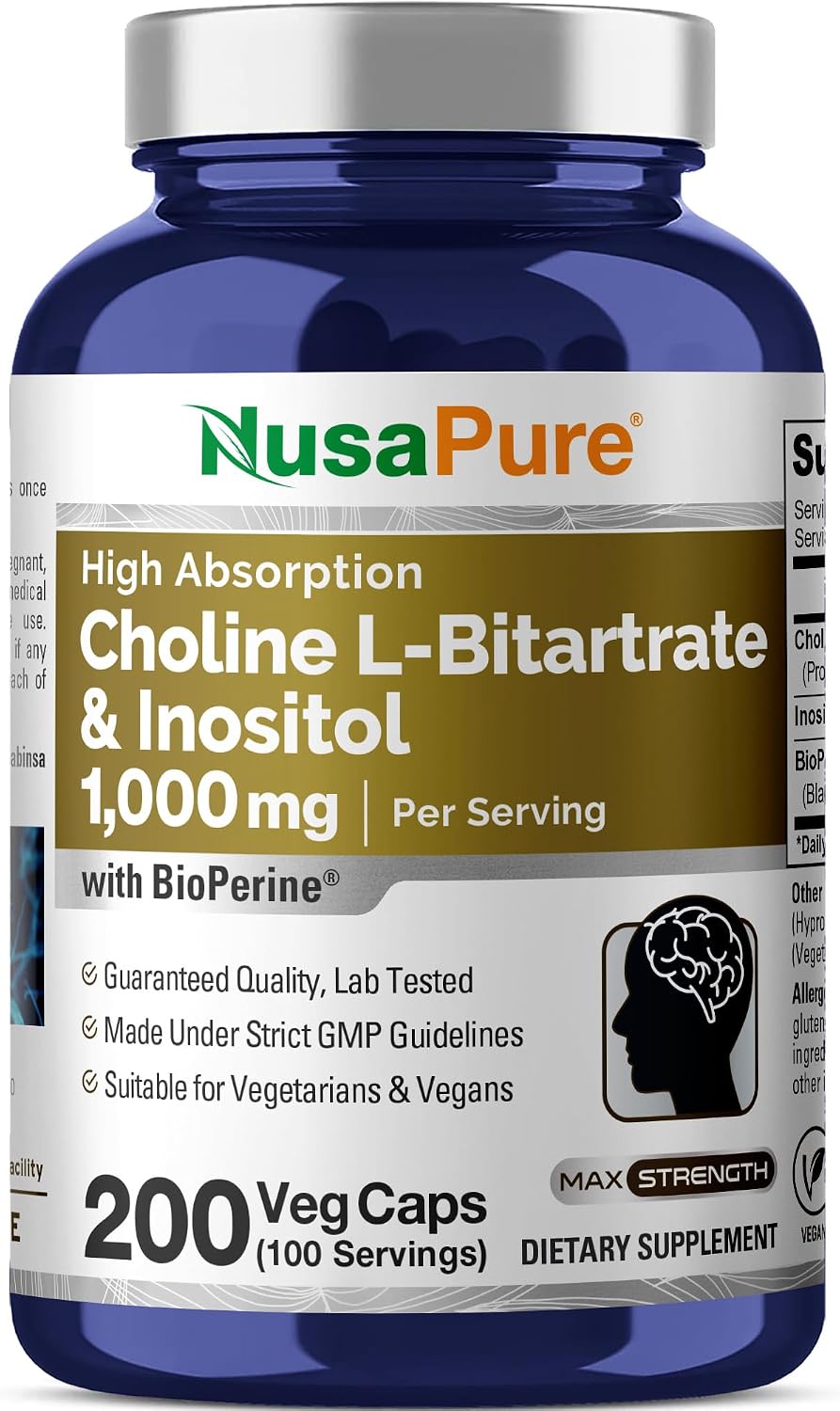 NusaPure Choline & Inositol - Suitable for Vegetarians and Vegans, Non-GM - 1000mg - 200 Vegan Capsules - görsel 1