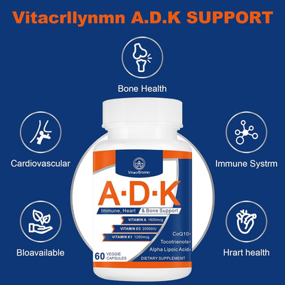 ADK Vitamin Supplement 20,000 IU – High Potency Vitamins A, D3 & K1 for Heart, Bone Health & Immune Support (120 Capsules)