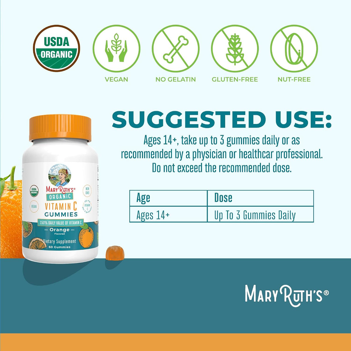 MARYRUTH'S Adult Vitamin C Gummies | USDA Organic | Vegan Chewable Vitamin C Gummies for Ages 14+ | for Immune Support & Overall Wellness | Vegan | Non-GMO | Orange Flavour | 60 Count - görsel 3