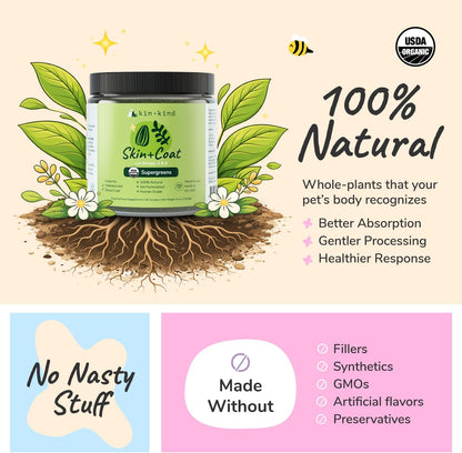 kin+kind Skin and Coat Supplement for Dogs & Cats – Organic Whole-Food Supergreens – 8 oz