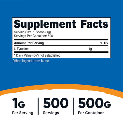 Nutricost L-Tyrosine Powder 500g - Pure Amino Acid, 1000mg per Serving