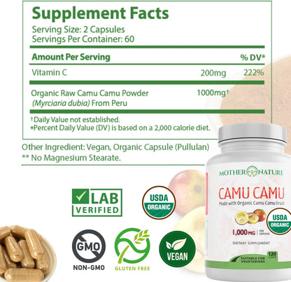 MNO Organic Camu Camu Vitamin C 1000mg, Wholefood Immune Support, 120 Capsules