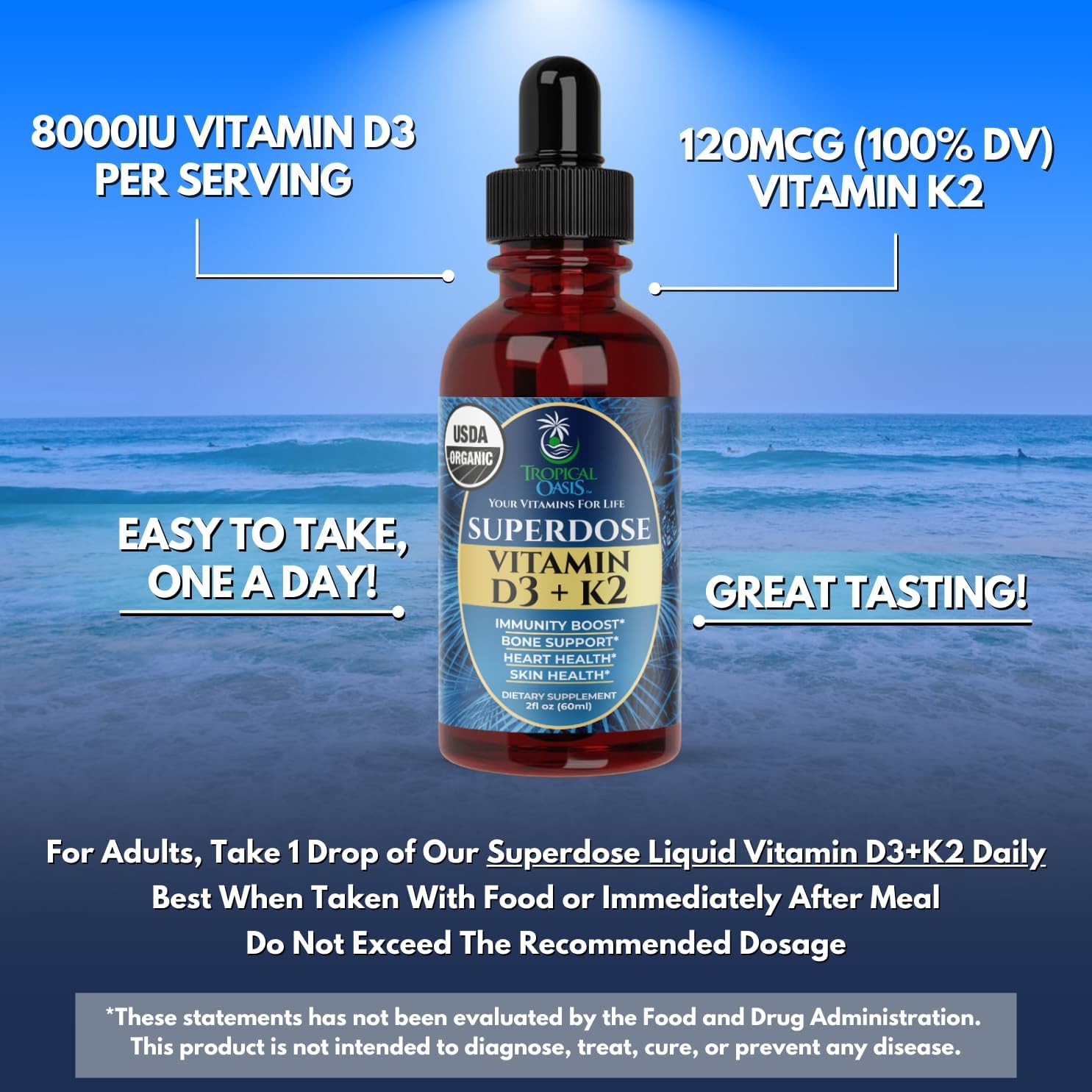 USDA Organic Liquid Vitamin D3 & K2 Drops – Superdose 8,000 IU with 120 mcg K2 – Vegan, Non-GMO – 60 ml - görsel 4