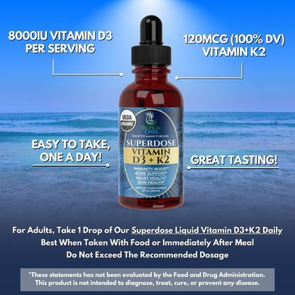 USDA Organic Liquid Vitamin D3 & K2 Drops – Superdose 8,000 IU with 120 mcg K2 – Vegan, Non-GMO – 60 ml