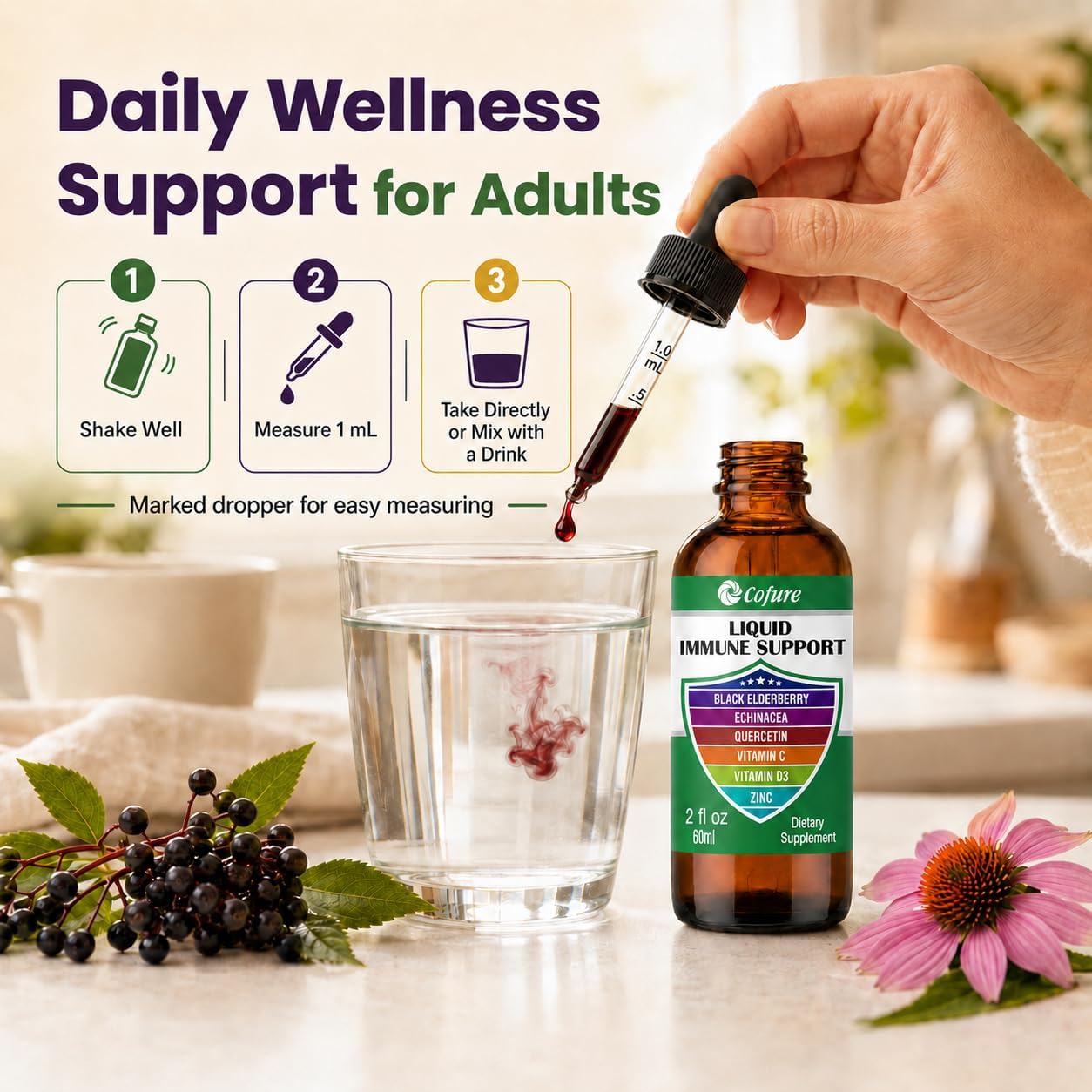 Cofure Zinc Quercetin Vitamin C D3 Liquid Immune Support with Organic Echinacea and Elderberry - görsel 5