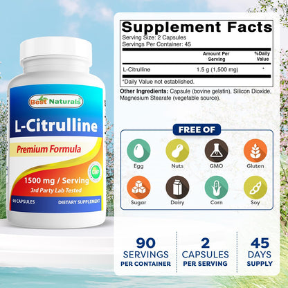 Best Naturals L-Citrulline Capsules – 1500mg/Serving – Non-GMO – Gluten-free – 90 Capsules