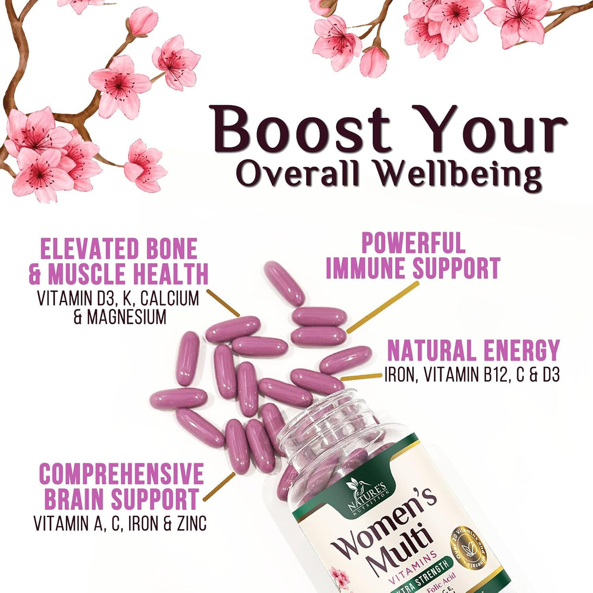 Multivitamin for Women - Complete Daily Women's Multivitamin with Calcium, Folic Acid, Vitamin A, C, D, E, and B Vitamins, Zinc and Iron - Vitamins for Bone, Energy & Immune Support - 60 Softgels - görsel 5