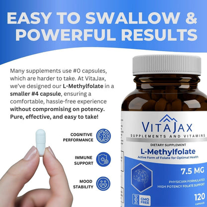 L Methylfolate 7.5 mg | 120 Caps | Max Potency Active Folate | VITAJAX