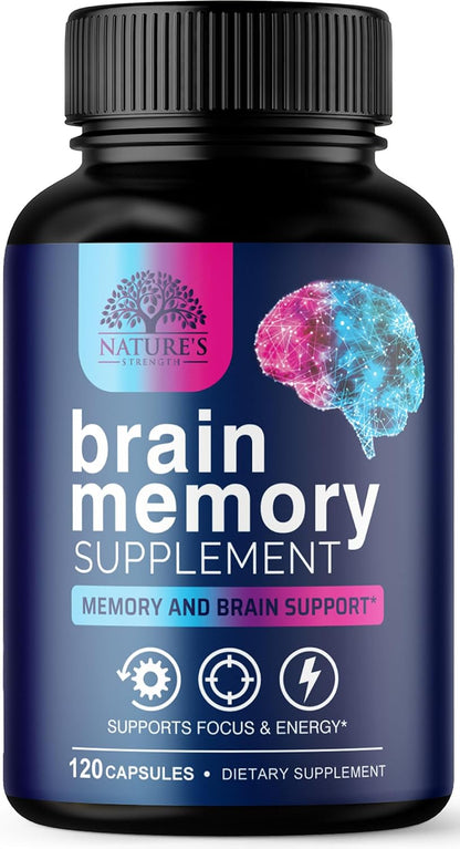 Nature's Strength Brain Memory Supplement - 3X Strength Nootropic Capsules for Concentration, Clarity & Focus Support - with Bacopa, Phosphatidylserine & DMAE - 60 Capsules