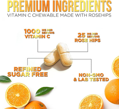 Vitamin C 1000mg per Serving – Extra Strength Chewable with Rose Hips – Sugar Free Orange Flavour – 60 Tablets