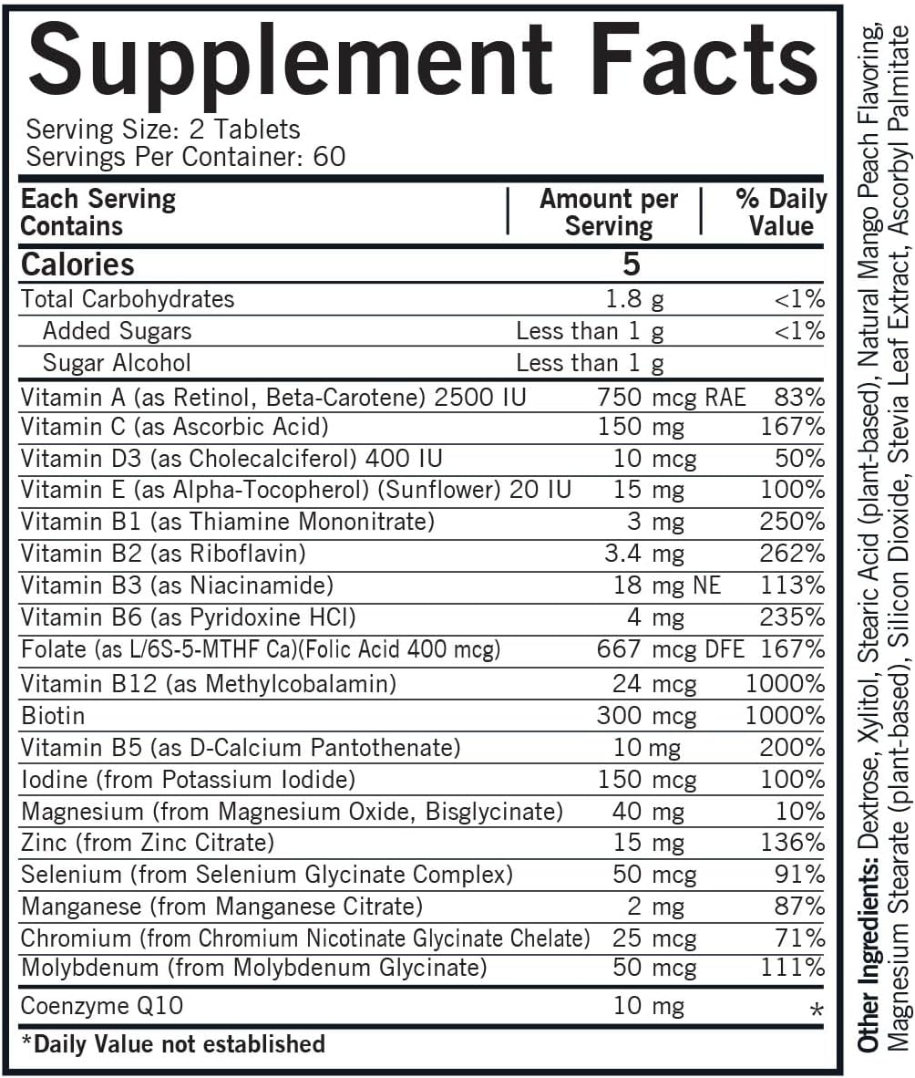 Kirkman - Children's Multivitamin & Mineral Chewable with 5-MTHF - 120 Capsules - Potent Broad-Spectrum Vitamin/Mineral Supplement - with Coenzyme Q-10 - Natural Mango & Peach Flavour - görsel 2