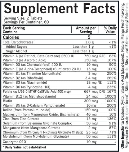 Kirkman - Children's Multivitamin & Mineral Chewable with 5-MTHF - 120 Capsules - Potent Broad-Spectrum Vitamin/Mineral Supplement - with Coenzyme Q-10 - Natural Mango & Peach Flavour