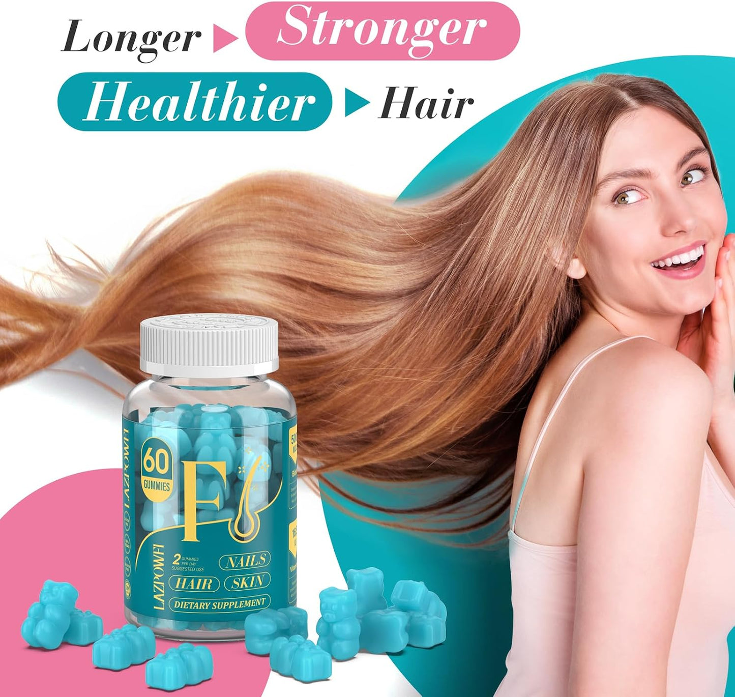 Lazpowfi Biotin Gummies - Hair, Skin and Nails Vitamins, Vegan, Blueberry, 60-Day Supply - görsel 3