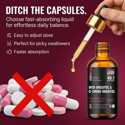 Myo-Inositol & D-Chiro Inositol Liquid Drops for Women – 40:1 Ratio with Vitex & Vitamin D3, 118 ml (2-Month Supply)