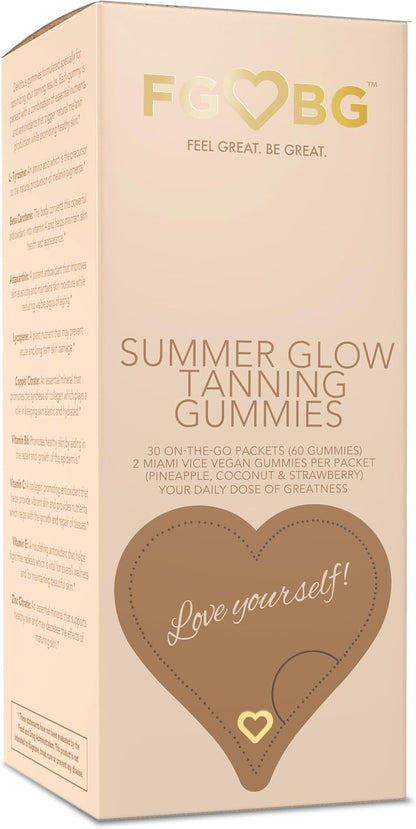 Summer Glow Tanning Gummies - Miami Vice Flavour - Pineapple, Coconut, & Strawberry - Vegan - Gluten-Free - Dairy-Free - Natural Ingredients - Essential Nutrients - Travel Size - 30-Day Supply